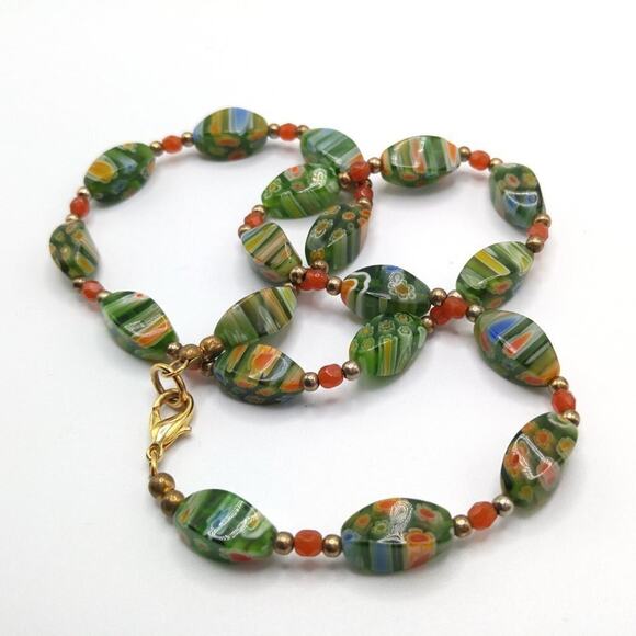 Vintage Millefiori Lamp Work Bead Necklace, Green Rust Gold, 19 Inches - Picture 5 of 9